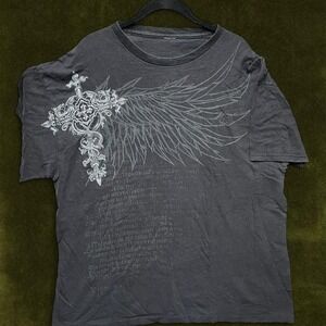 Y2K Gothic Cross Angel Wings Graphic Tee - Modern XL
